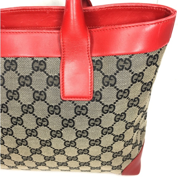 Authentic Gucci red leather monogram canvas tote bag - Picture 5 of 15